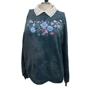 VTG Morning Sun Sweatshirt Large Teal Double Collar Floral 90s Grandma Core USA